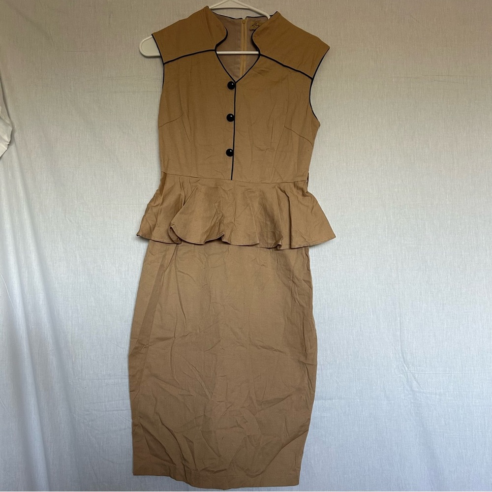 Sleeveless Tan Peplum Pencil Dress. US Size Small